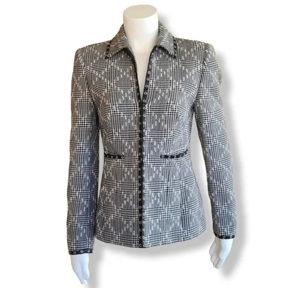 VINTAGE GERMANY Houndstooth Wool Boucle Blazer S Tweed Minimalist Jacket E Luxe - Picture 3 of 16